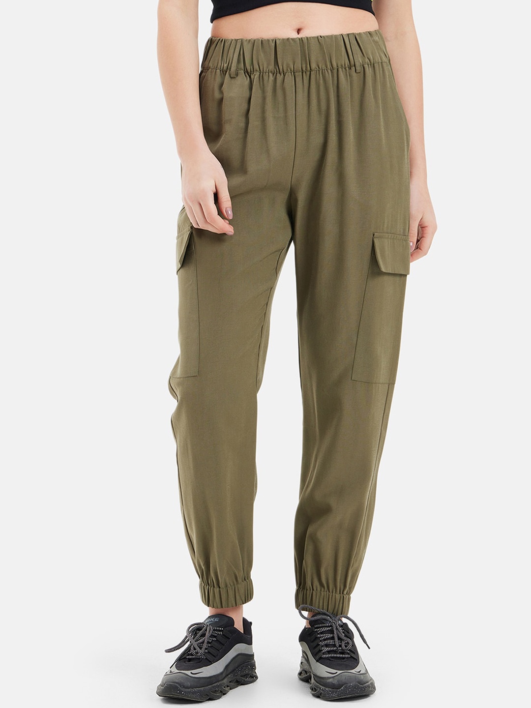 

Kazo Women High-Rise Easy Wash Joggers Trousers, Olive