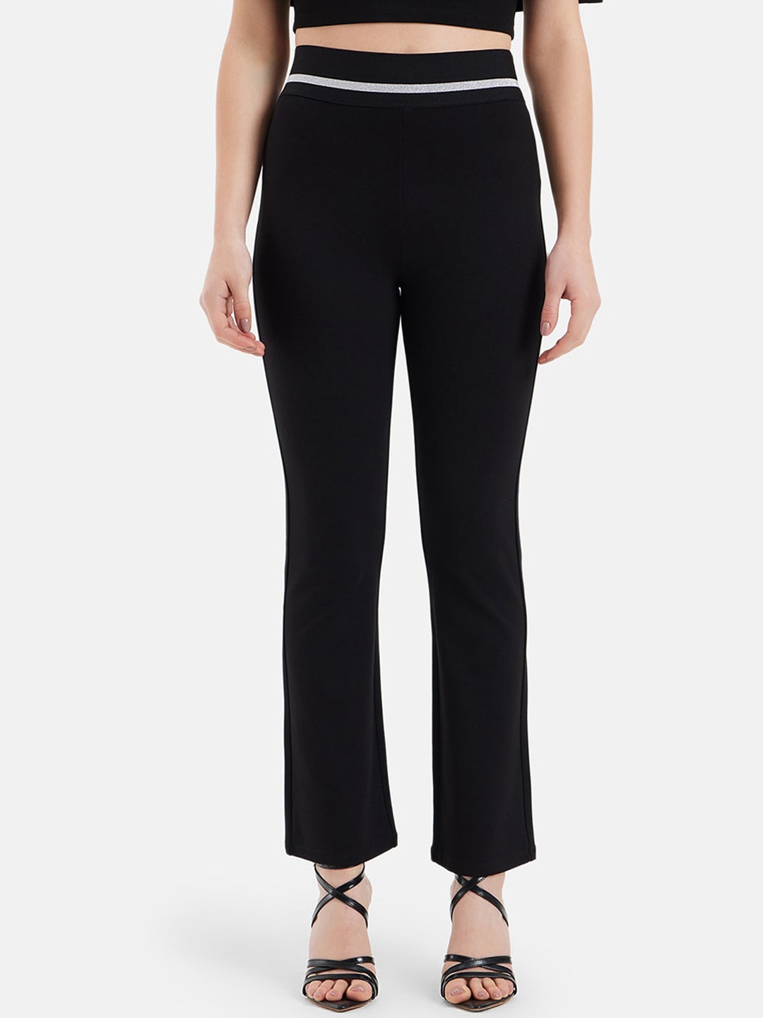 

Kazo Women Straight Fit High-Rise Trouser With Lurex Stripe Waistband, Black