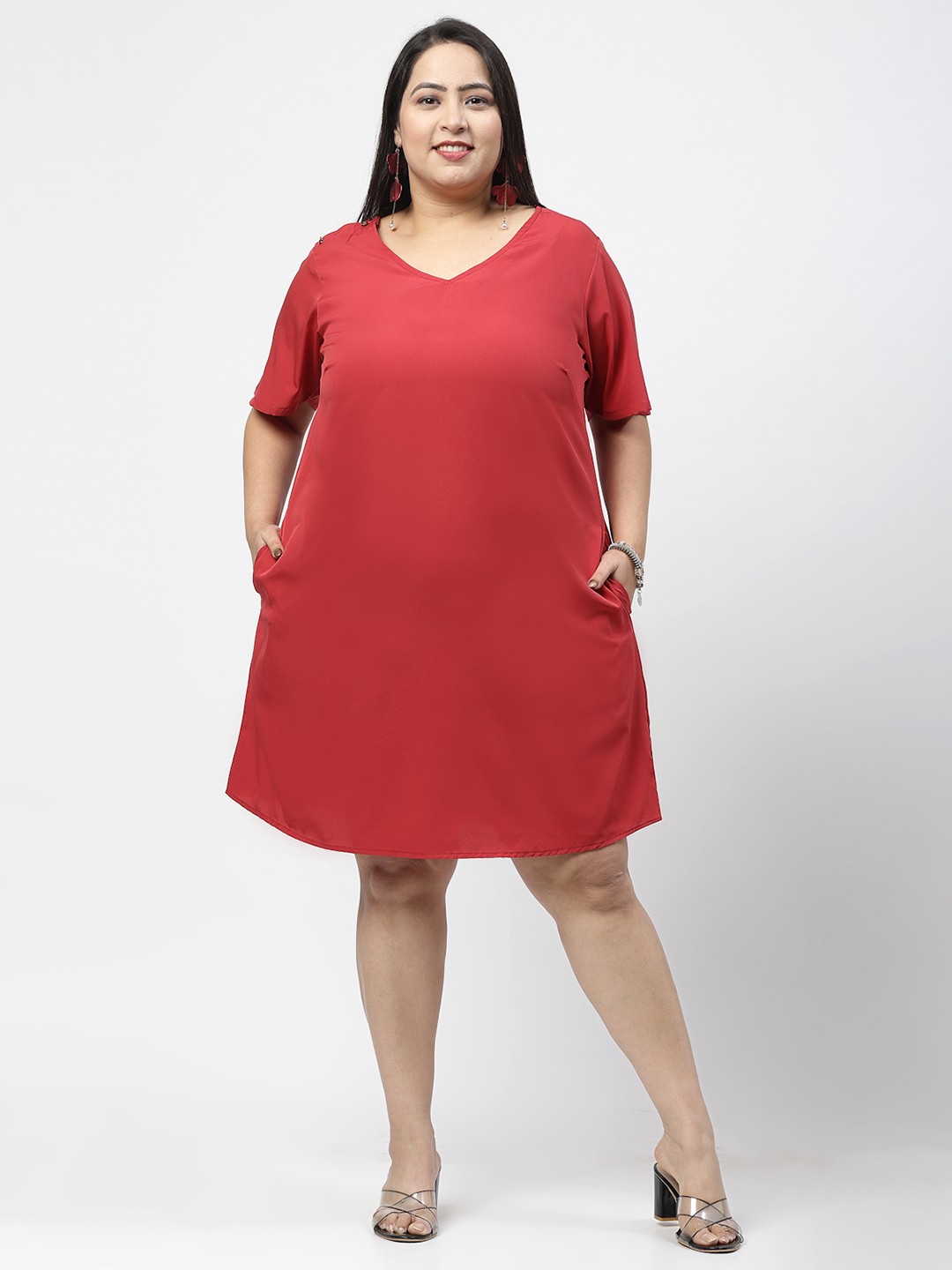 

plusS Plus Size V-Neck A-Line Dress, Red