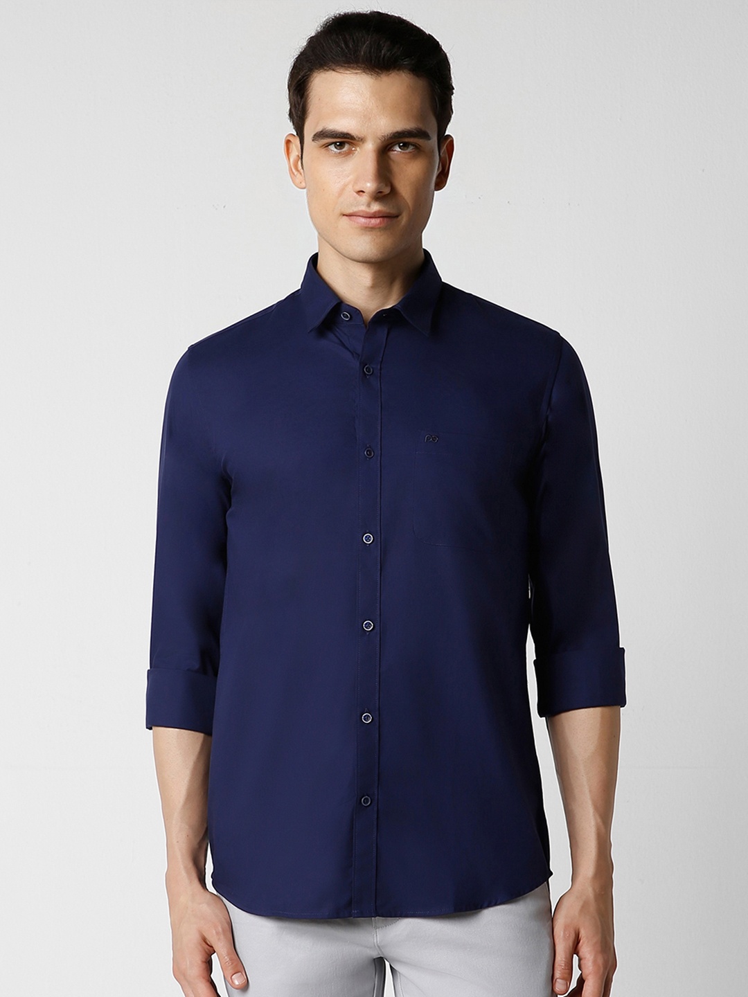 Peter England Casuals Slim Fit Long Sleeves Pure Cotton Casual Shirt, Navy blue