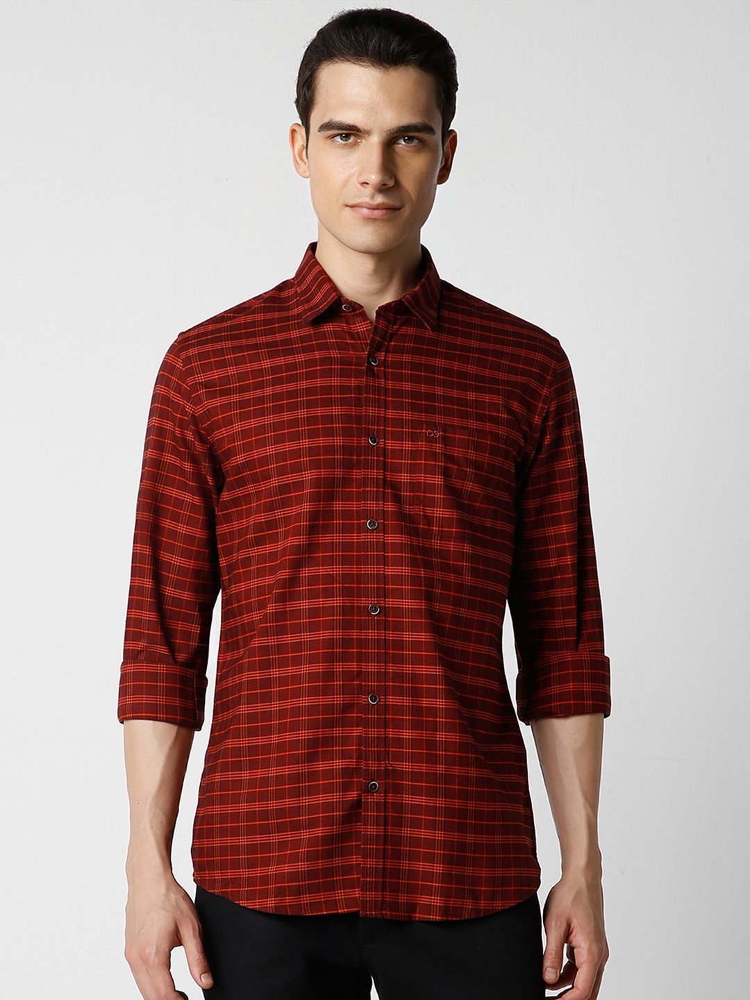 

Peter England Casuals Slim Fit Tartan Checks Spread Collar Cotton Casual Shirt, Red