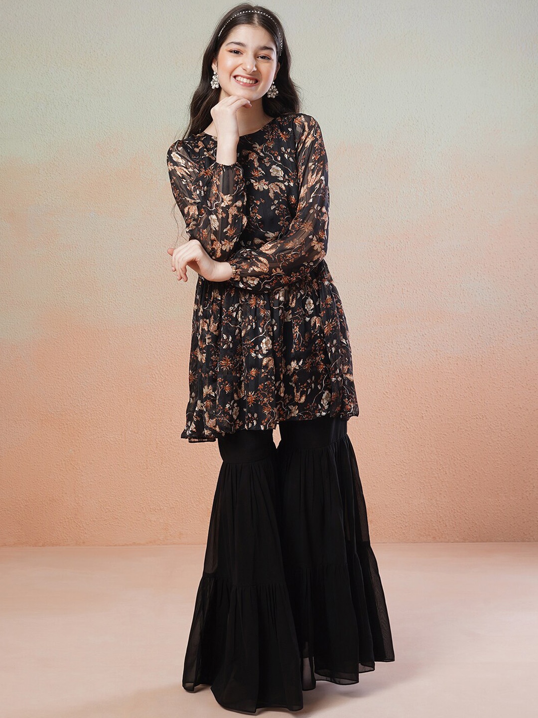 

Inddus Girls Floral Printed Round Neck Empire Satin Kurta with Sharara, Black