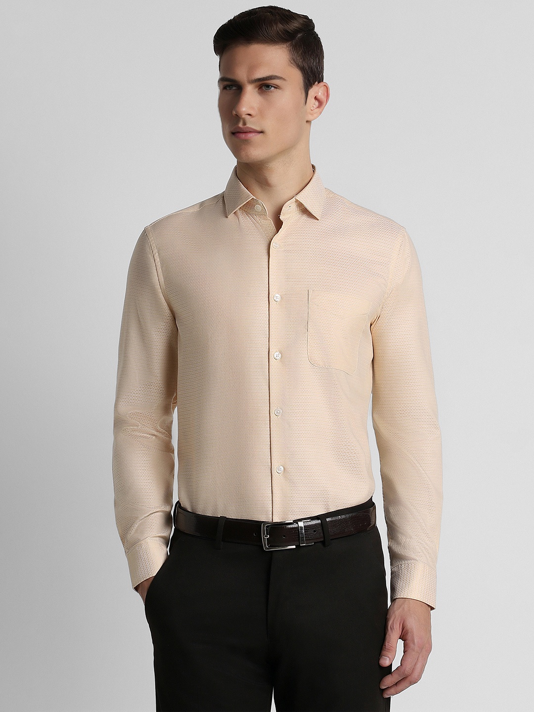 

Peter England Elite Slim Fit Textured Spread Collar Long Sleeves Cotton Formal Shirt, Beige