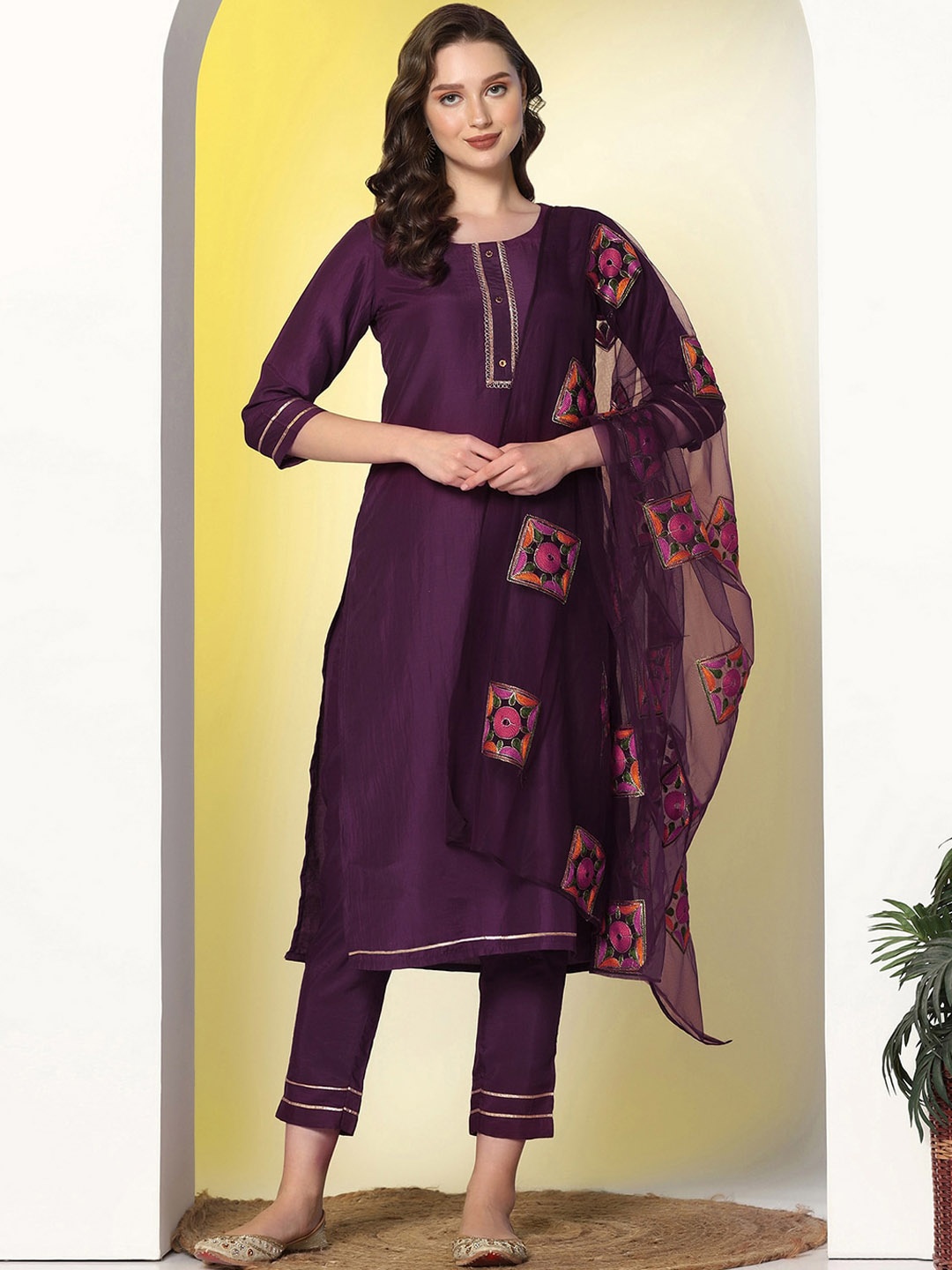 

KALINI Regular Gotta Patti Kurta with Trousers & Dupatta, Purple