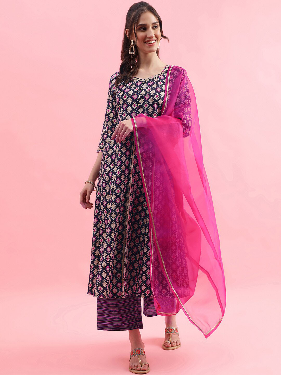 

KALINI Floral Printed V-Neck Gotta Patti Empire Anarkali Kurta With Palazzo & Dupatta, Navy blue