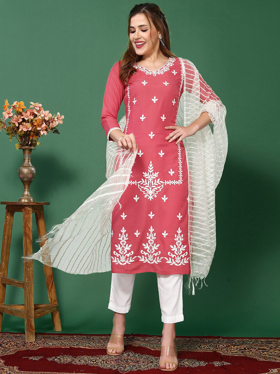 

SKYLEE Pink Floral Embroidered Round Thread Work Straight Kurta with Trousers & Dupatta