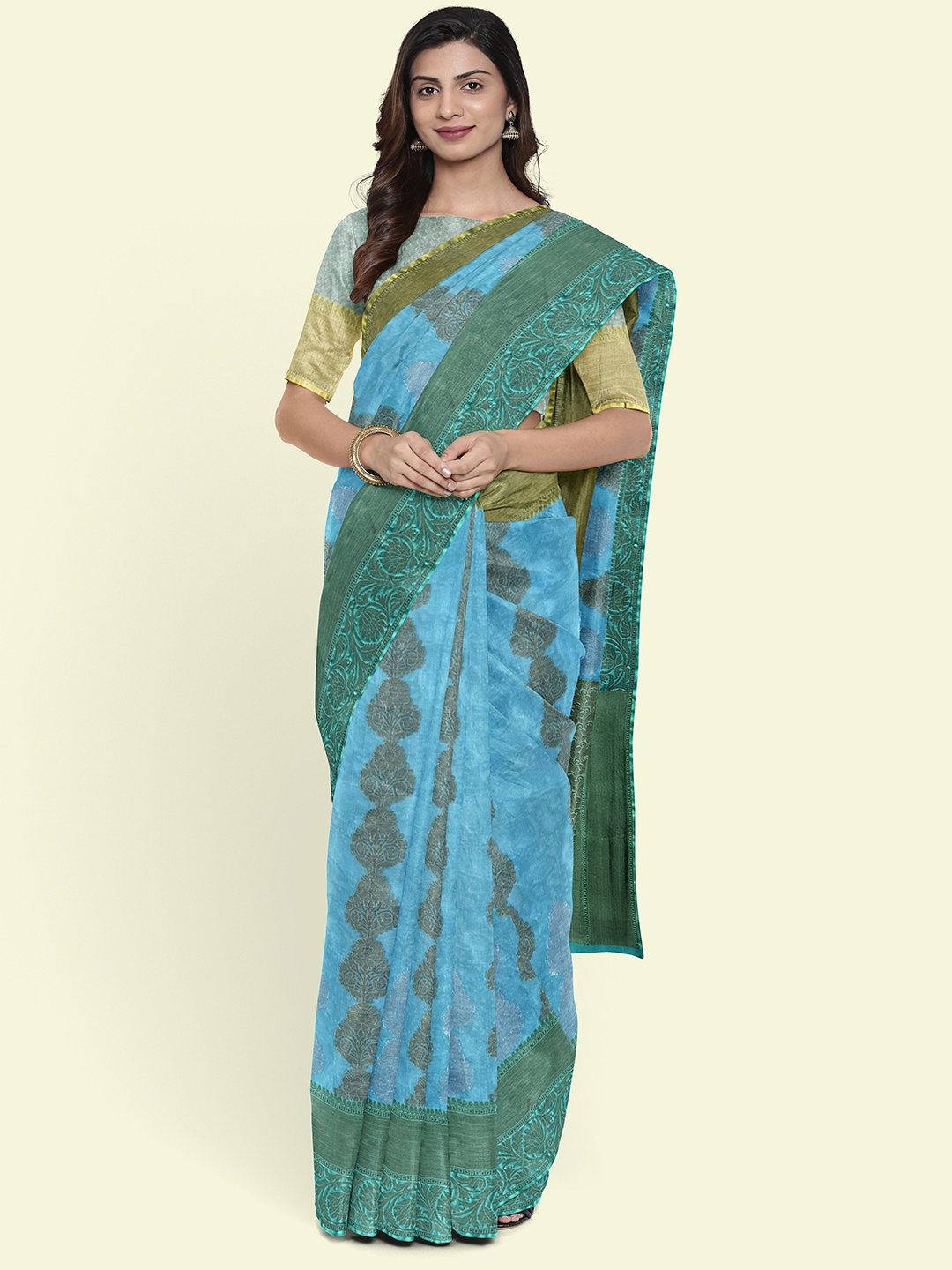 

Muskan Fashion Ethnic Motif Woven Design Zari Tissue Banarasi Saree, Turquoise blue