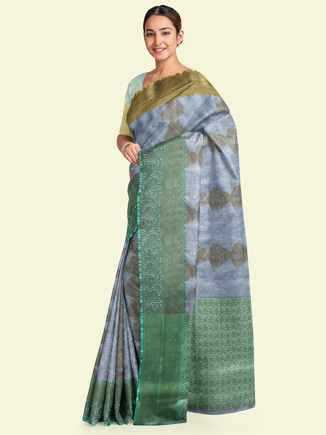 

Muskan Fashion Ethnic Motifs Woven Design Zari Tissue Banarasi Saree, Grey