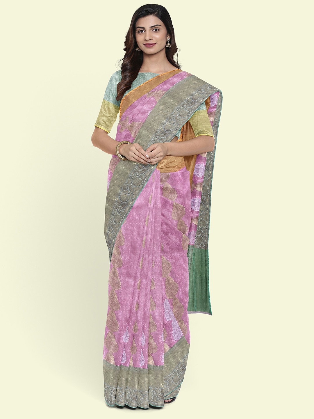 

Muskan Fashion Ethnic Motifs Woven Design Zari Banarasi Saree, Pink