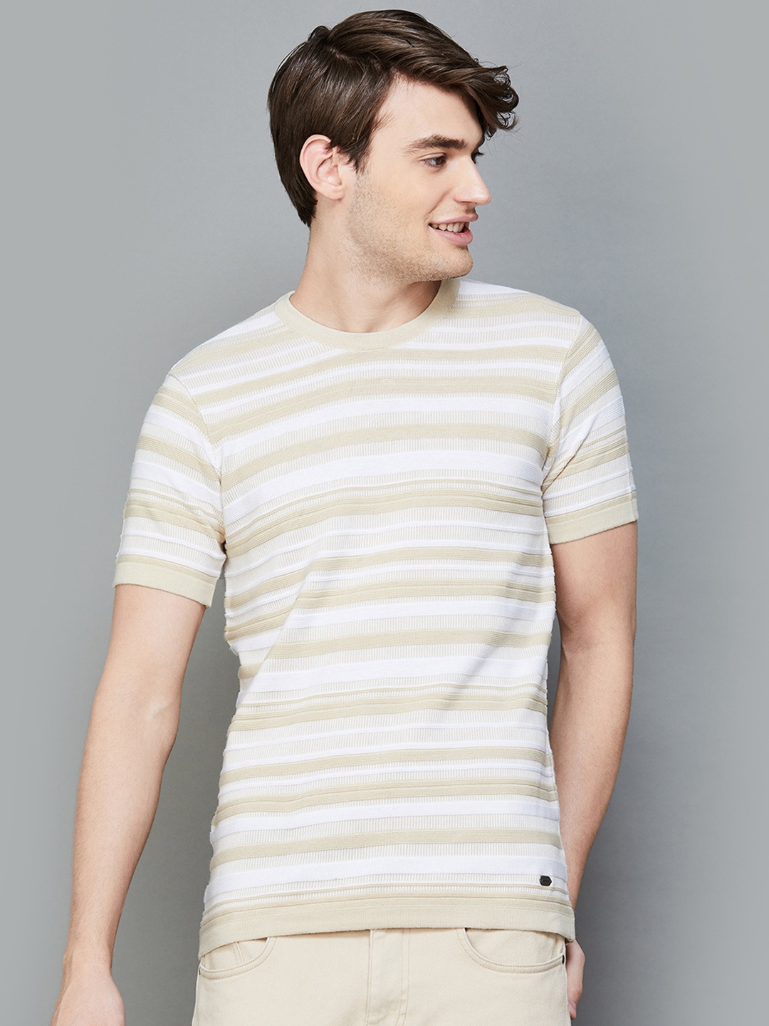 

Fame Forever by Lifestyle Round Neck Striped Cotton Slim Fit T-shirt, Beige