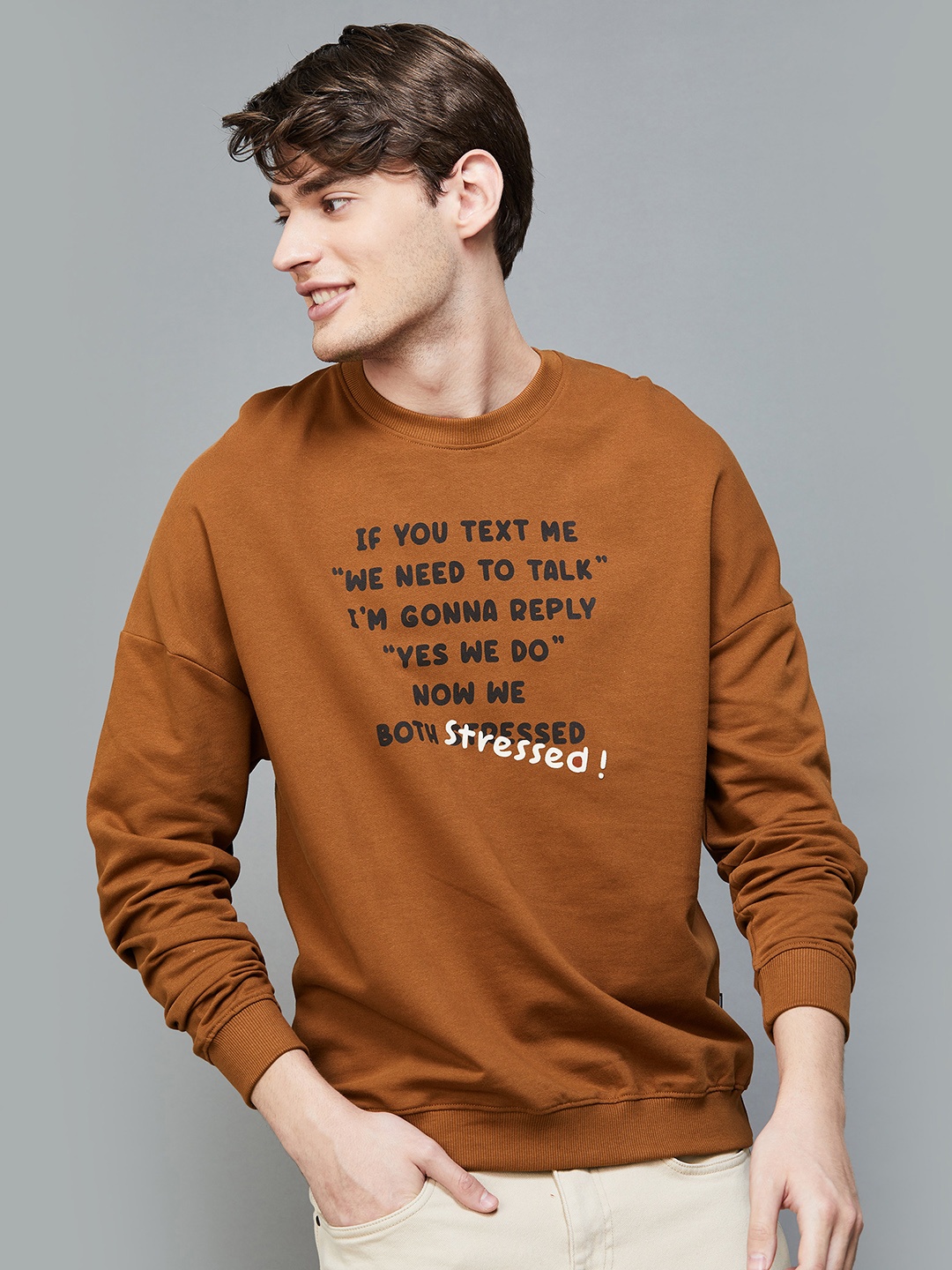 

Fame Forever by Lifestyle Typography Printed Cotton Pullover Sweatshirt, Brown