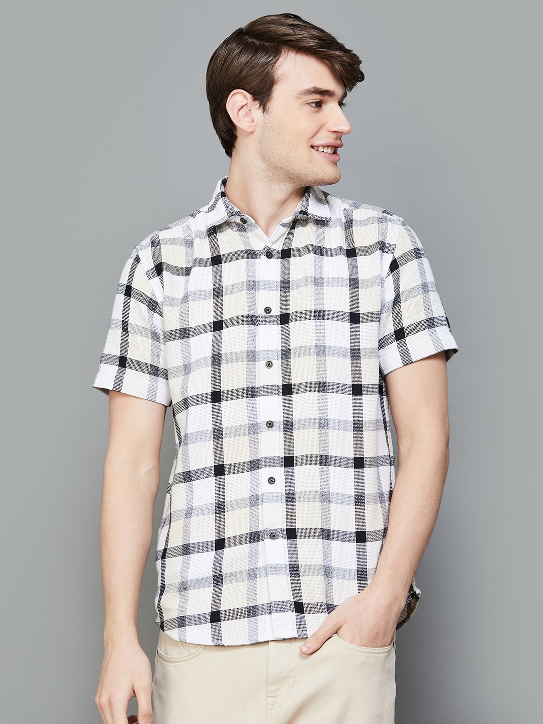 Fame Forever by Lifestyle Checked Cotton Short Sleeves Casual Shirt, Beige