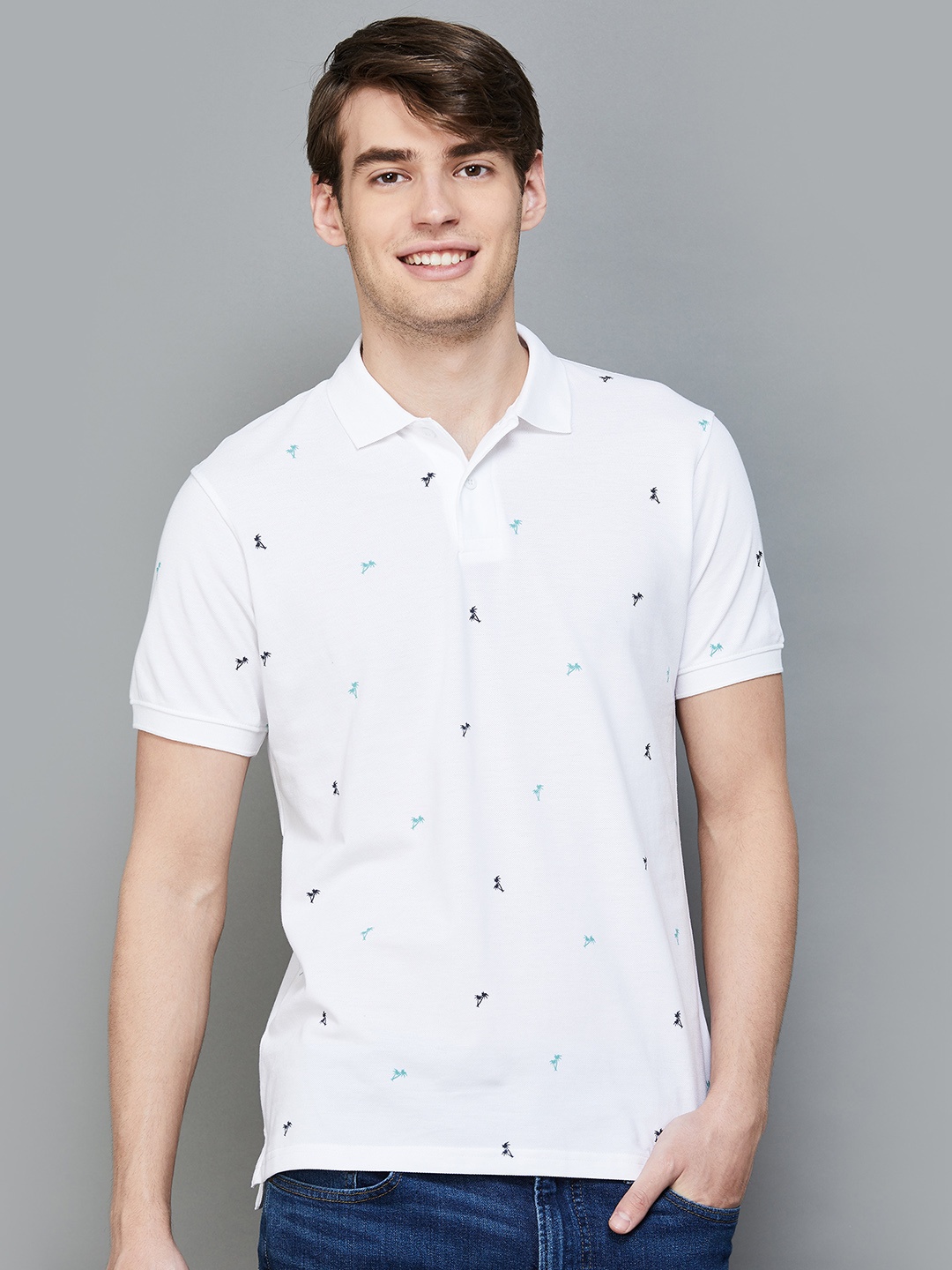 

Fame Forever by Lifestyle Conversational Printed Polo Collar Cotton T-shirt, White