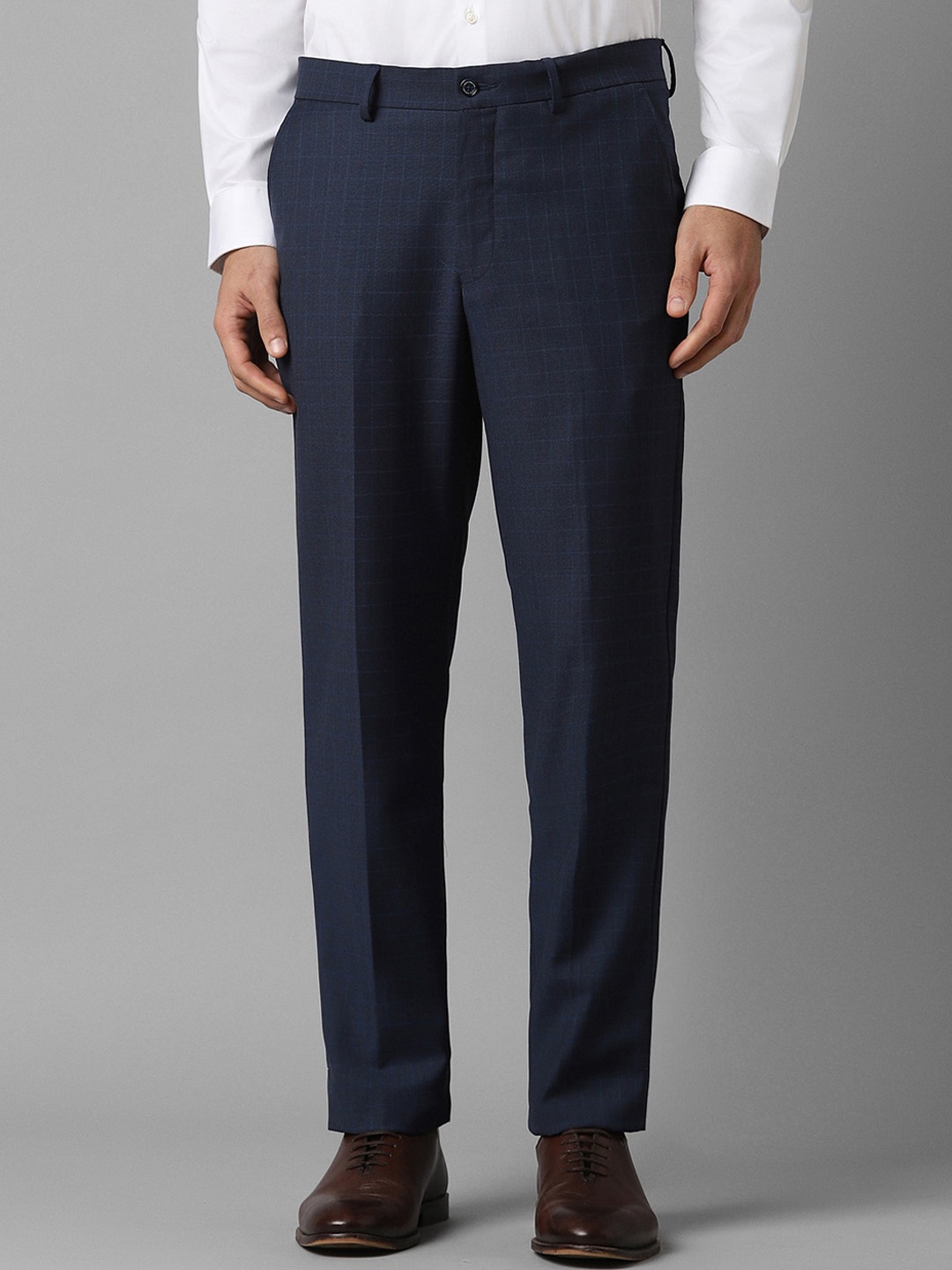 

Louis Philippe Men Slim Fit Checked Mid-Rise Formal Trousers, Navy blue