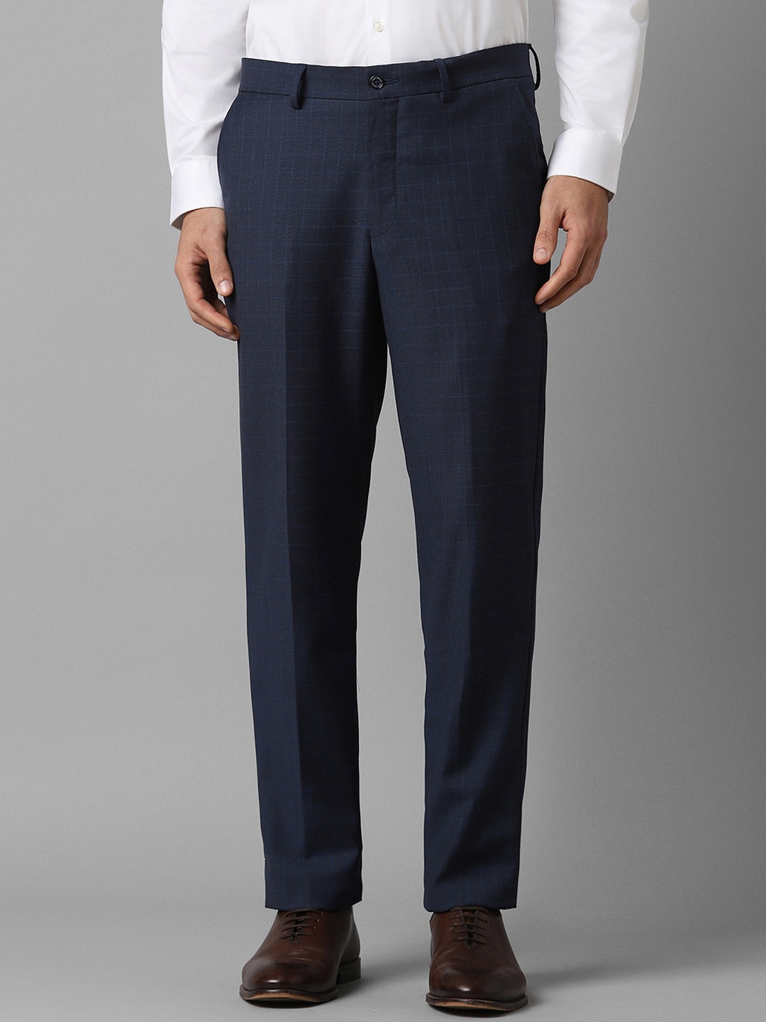 

Louis Philippe Men Slim Fit Check Flat Front Formal Trousers, Navy blue