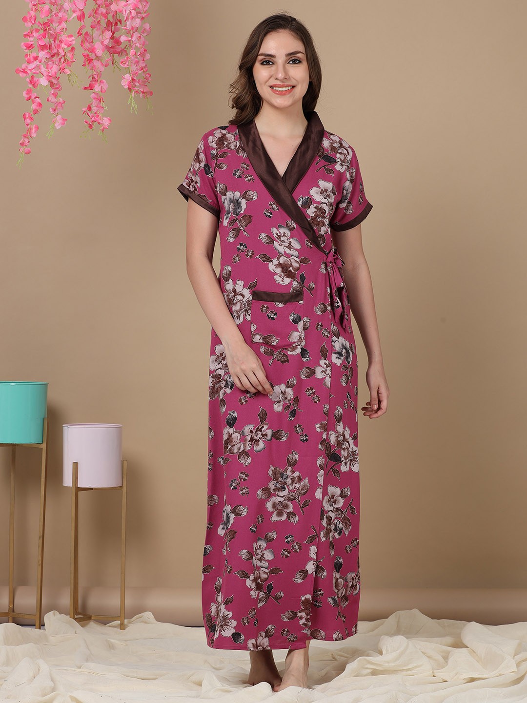 

9shines Label Floral Printed V-Neck Maxi Wrap Nightdress, Pink