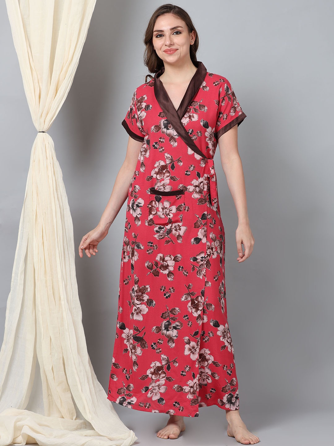 9shines Label Floral Printed V-Neck Maxi Wrap Nightdress, Red