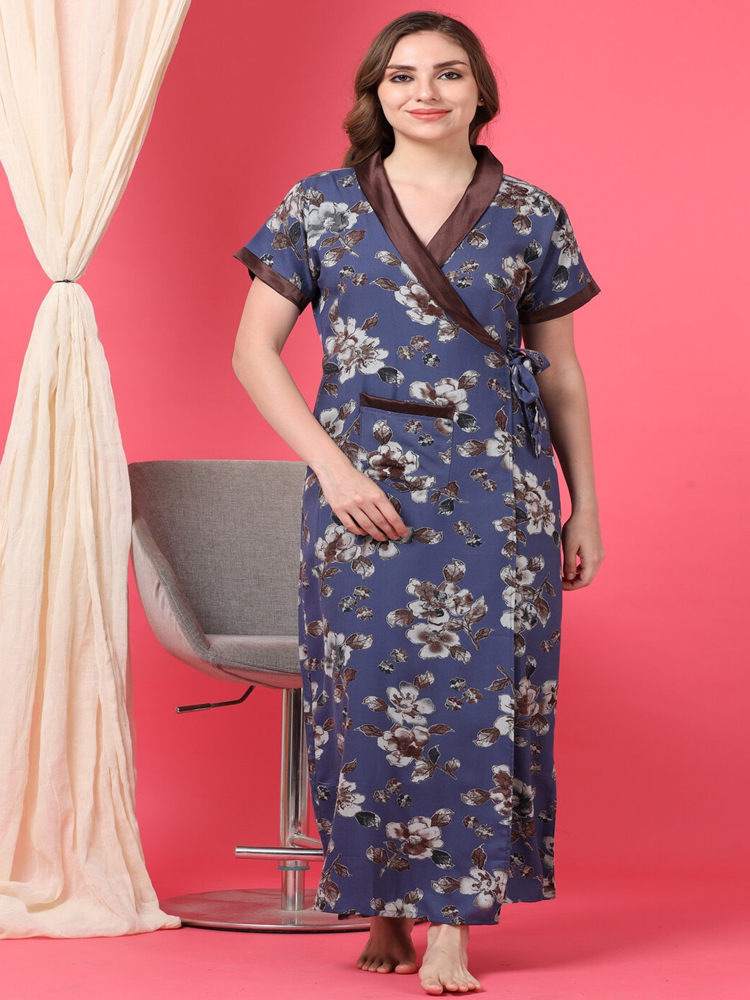 

9shines Label Floral Printed V-Neck Maxi Wrap Nightdress, Blue