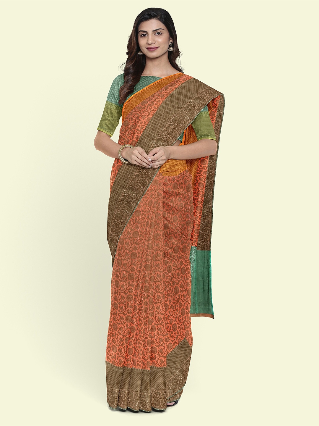 

Muskan Fashion Ethnic Motifs Woven Design Zari Tissue Banarasi Saree, Orange