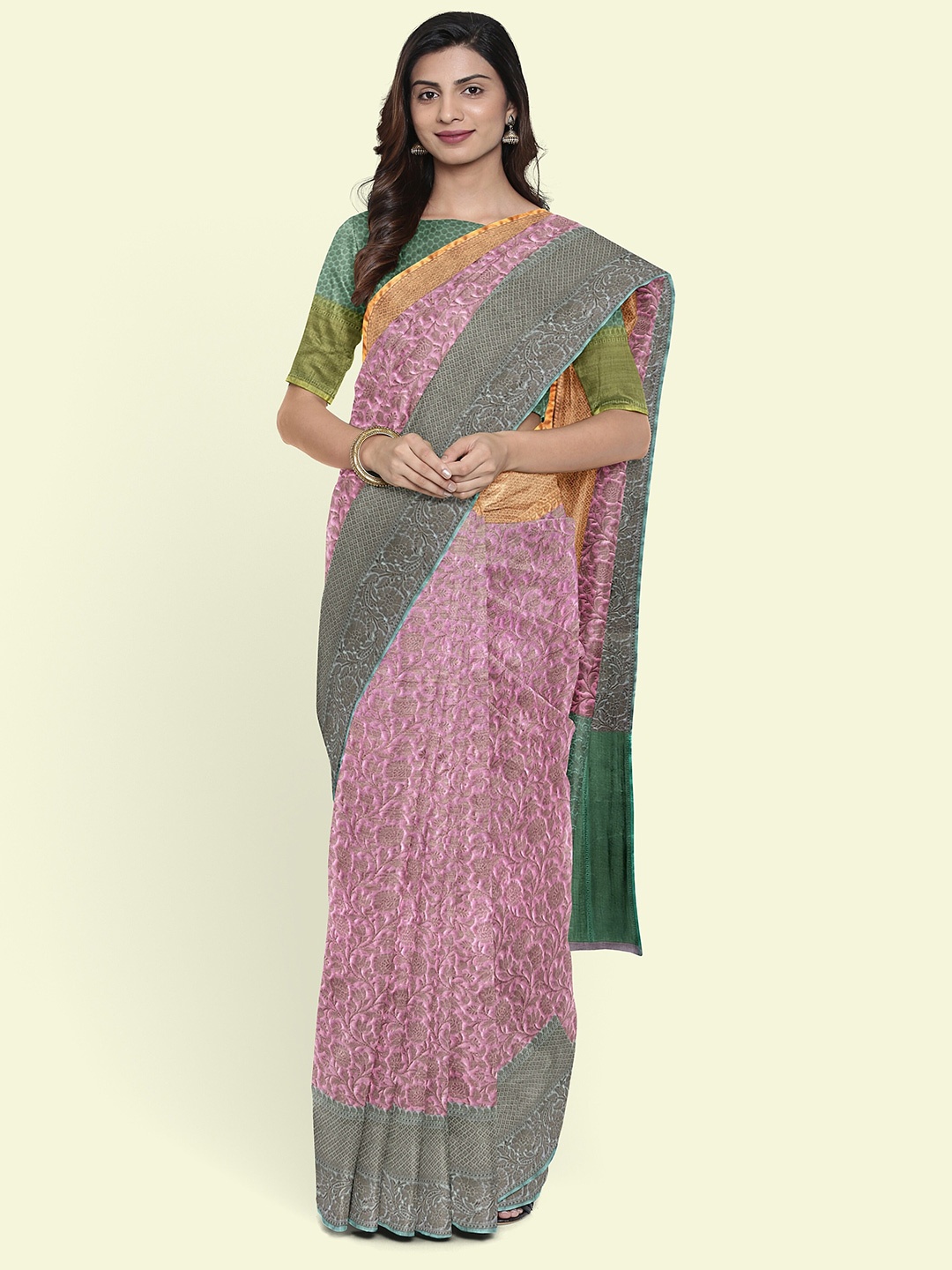 

Muskan Fashion Ethnic Motifs Woven Design Zari Tissue Banarasi Saree, Pink