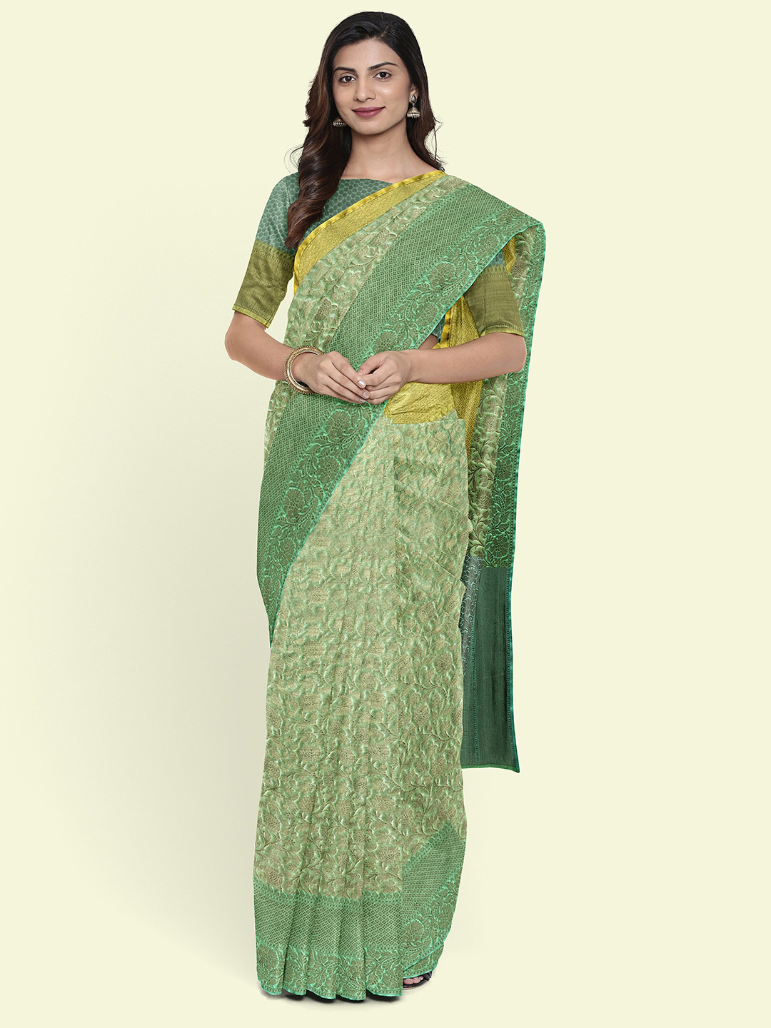 

Muskan Fashion Ethnic Motifs Woven Design Zari Tissue Banarasi Saree, Fluorescent green