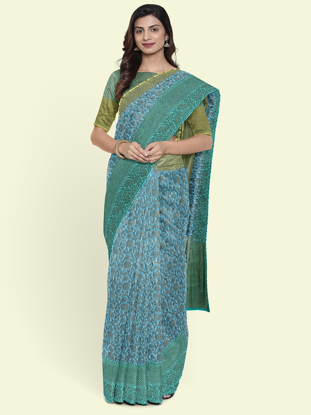 

Muskan Fashion Ethnic Motifs Woven Design Zari Tissue Banarasi Saree, Turquoise blue