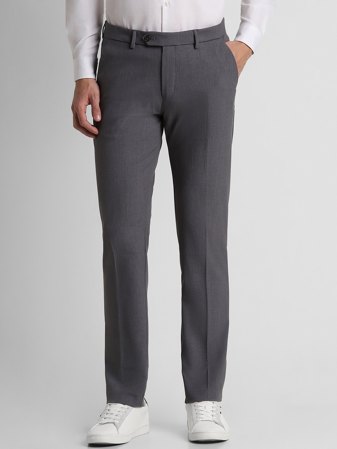 

Peter England Men Textured Mid-Rise Slim Fit Formal Trousers, Grey