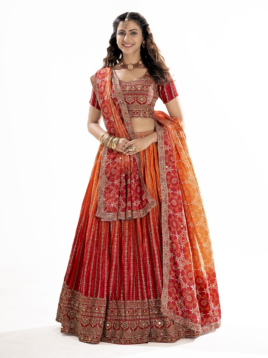

SHOPGARB Embroidered Sequinned Semi Stitched Lehenga & Unstitched Blouse With Dupatta, Orange