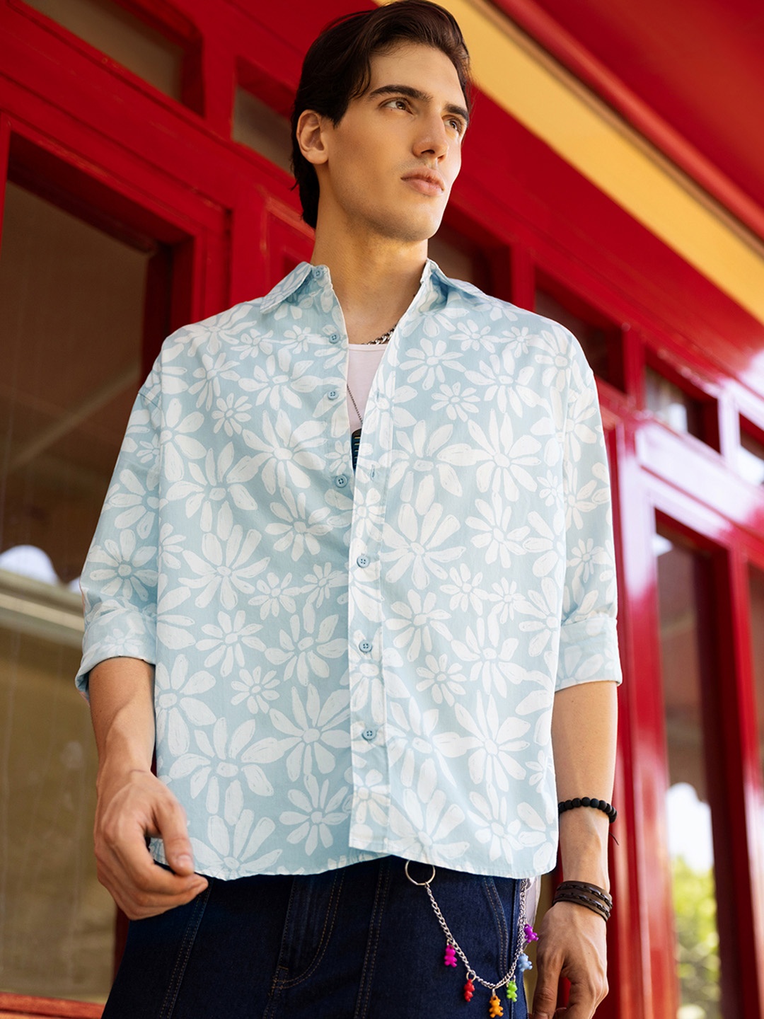 Bewakoof Grey Oversized Floral Printed Spread Collar Cotton Casual Shirt