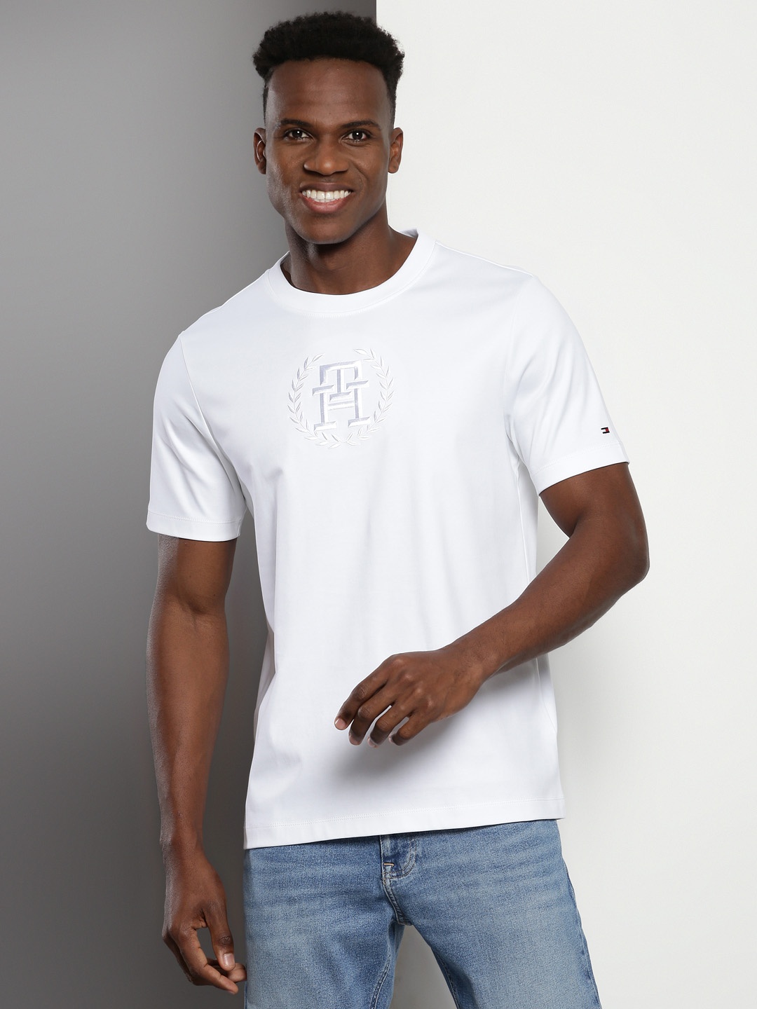 Tommy Hilfiger Typography Printed Cotton Round Neck Applique T-shirt, White