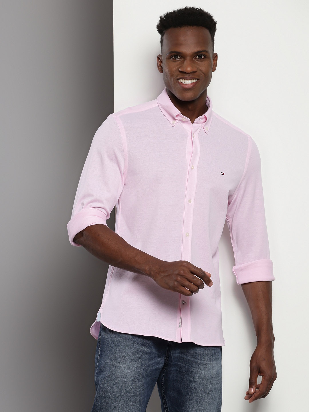 

Tommy Hilfiger Slim Fit Button-Down Collar Long Sleeves Cotton Casual Shirt, Pink