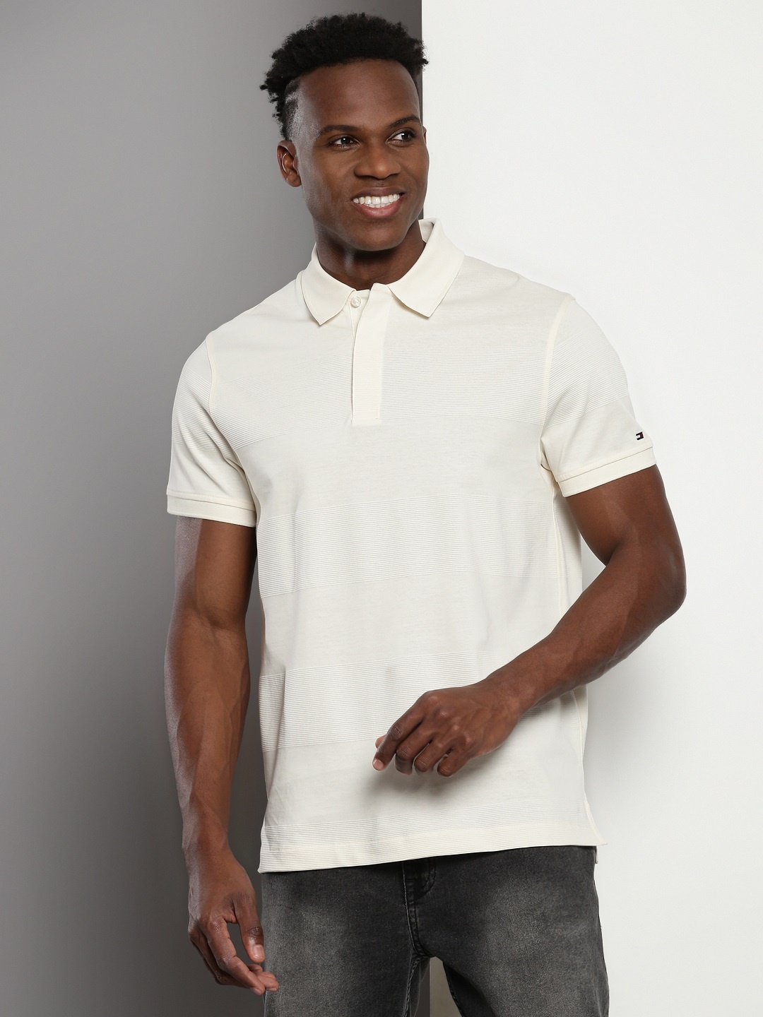 Tommy Hilfiger Textured Pure Cotton Polo Collar T-shirt, Off white