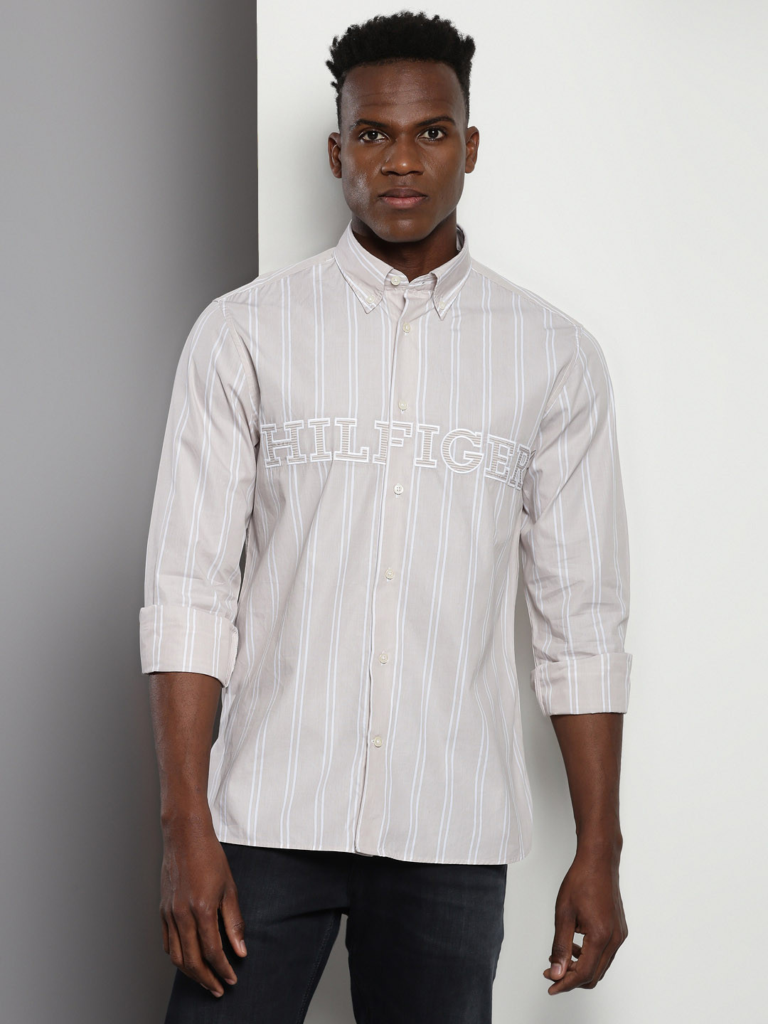 

Tommy Hilfiger Striped Button-Down Collar Pure Cotton Casual Shirt, Beige