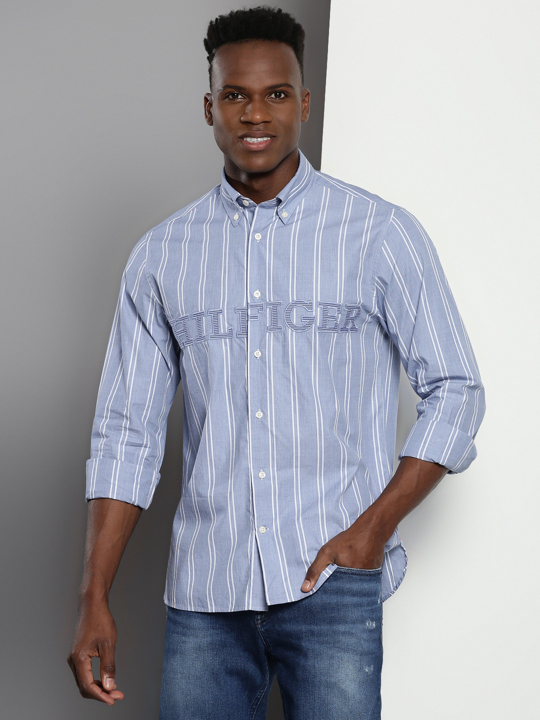 

Tommy Hilfiger Vertical Striped Button-Down Collar Pure Cotton Casual Shirt, Blue