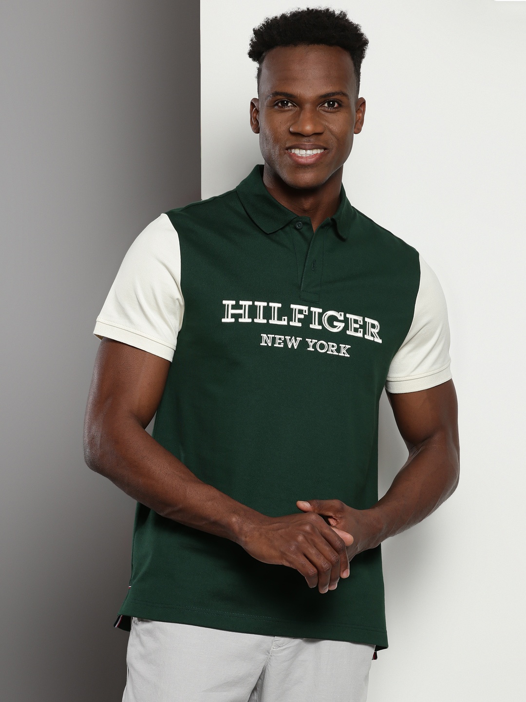 Tommy Hilfiger Typography Embroidered Polo Collar Pure Cotton T-shirt, Green
