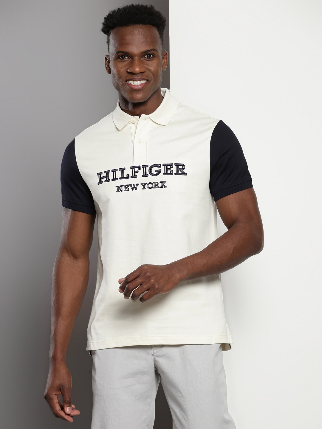 

Tommy Hilfiger Typography Embroidered Polo Collar Cotton T-shirt, Cream