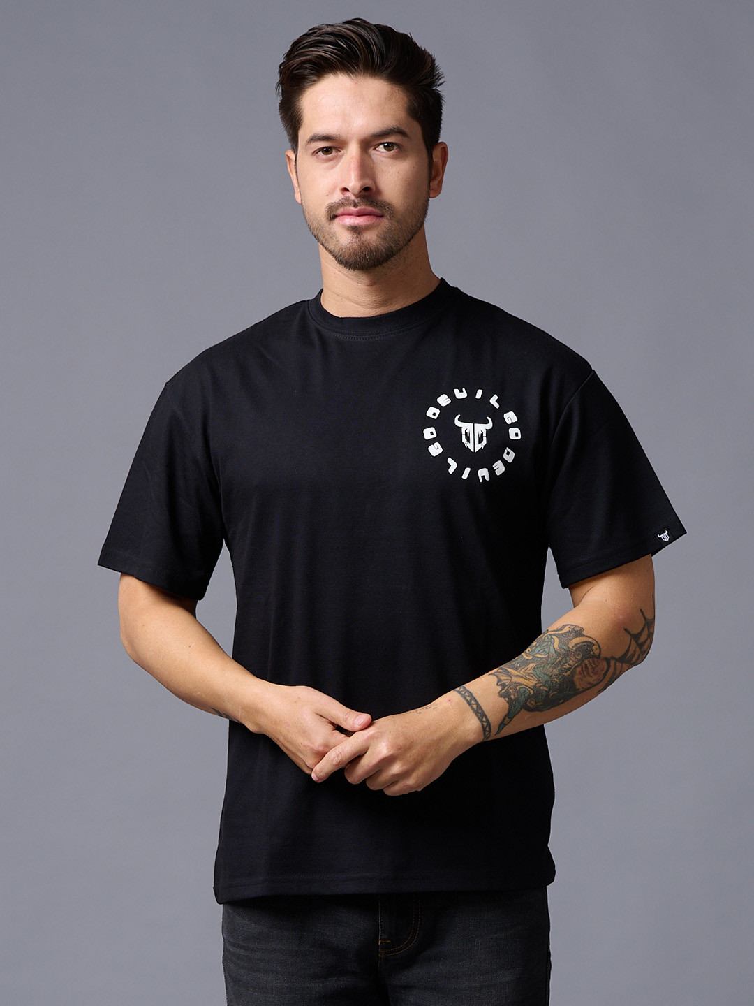 

GO DEVIL Typography Printed Cotton Drop-Shoulder Sleeves T-shirt, Black