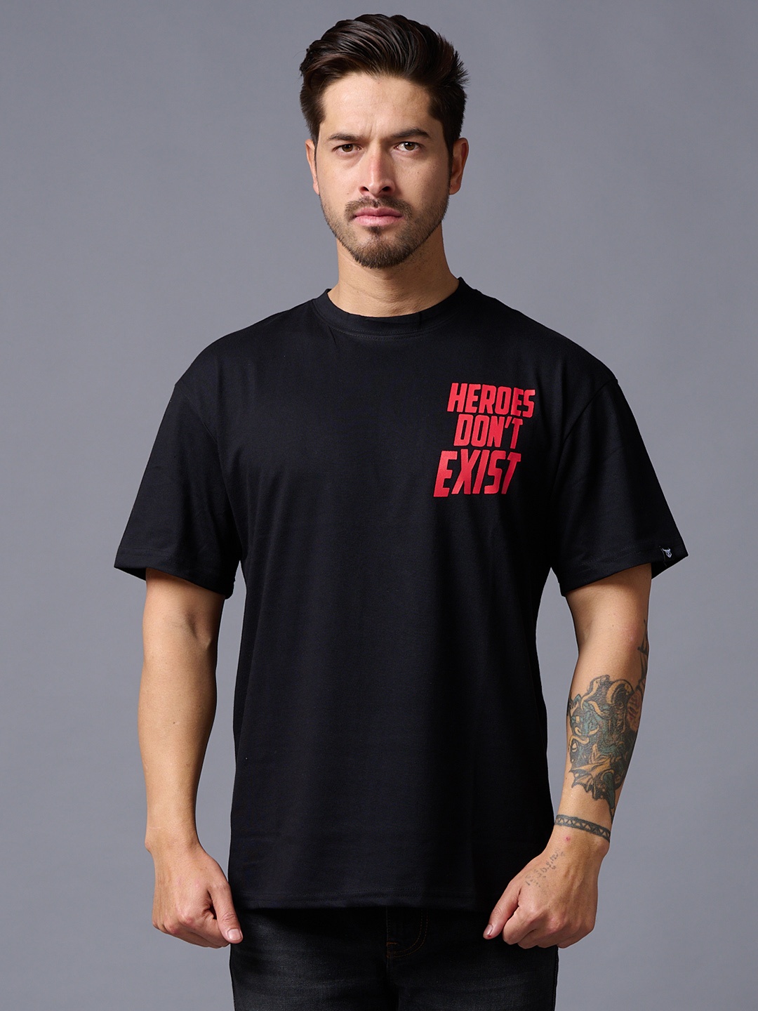 

GO DEVIL Typography Printed Drop Shoulder Cotton T-shirt, Black