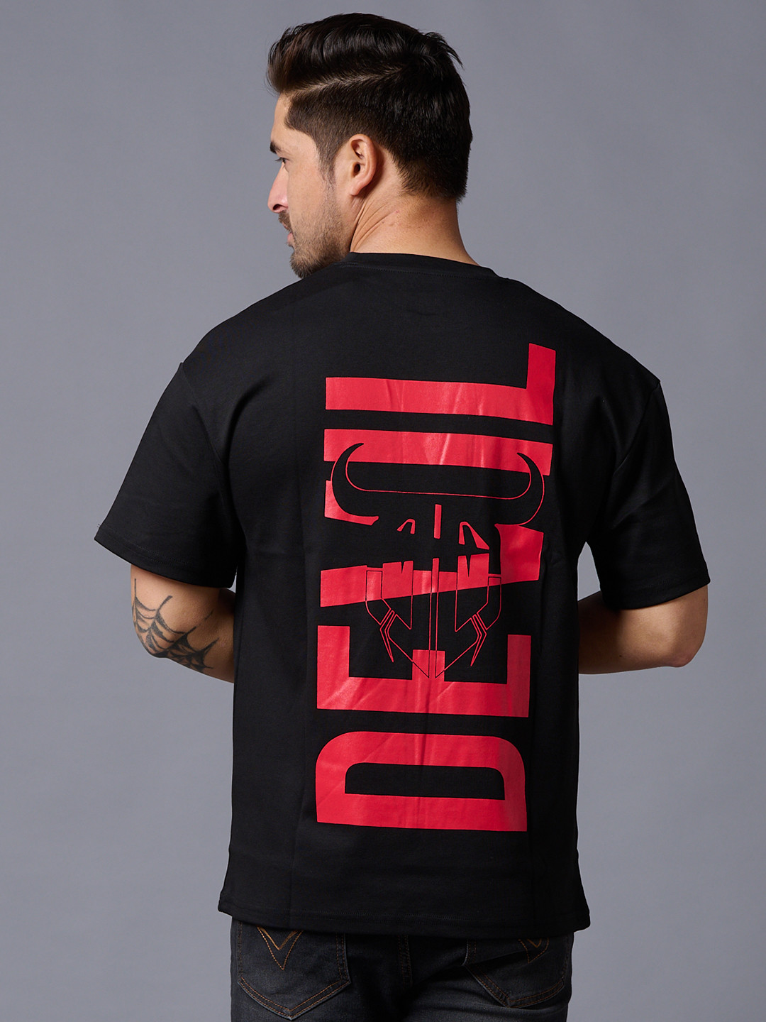 

GO DEVIL Typography Printed Round Neck Short Sleeves Cotton T-shirt, Black