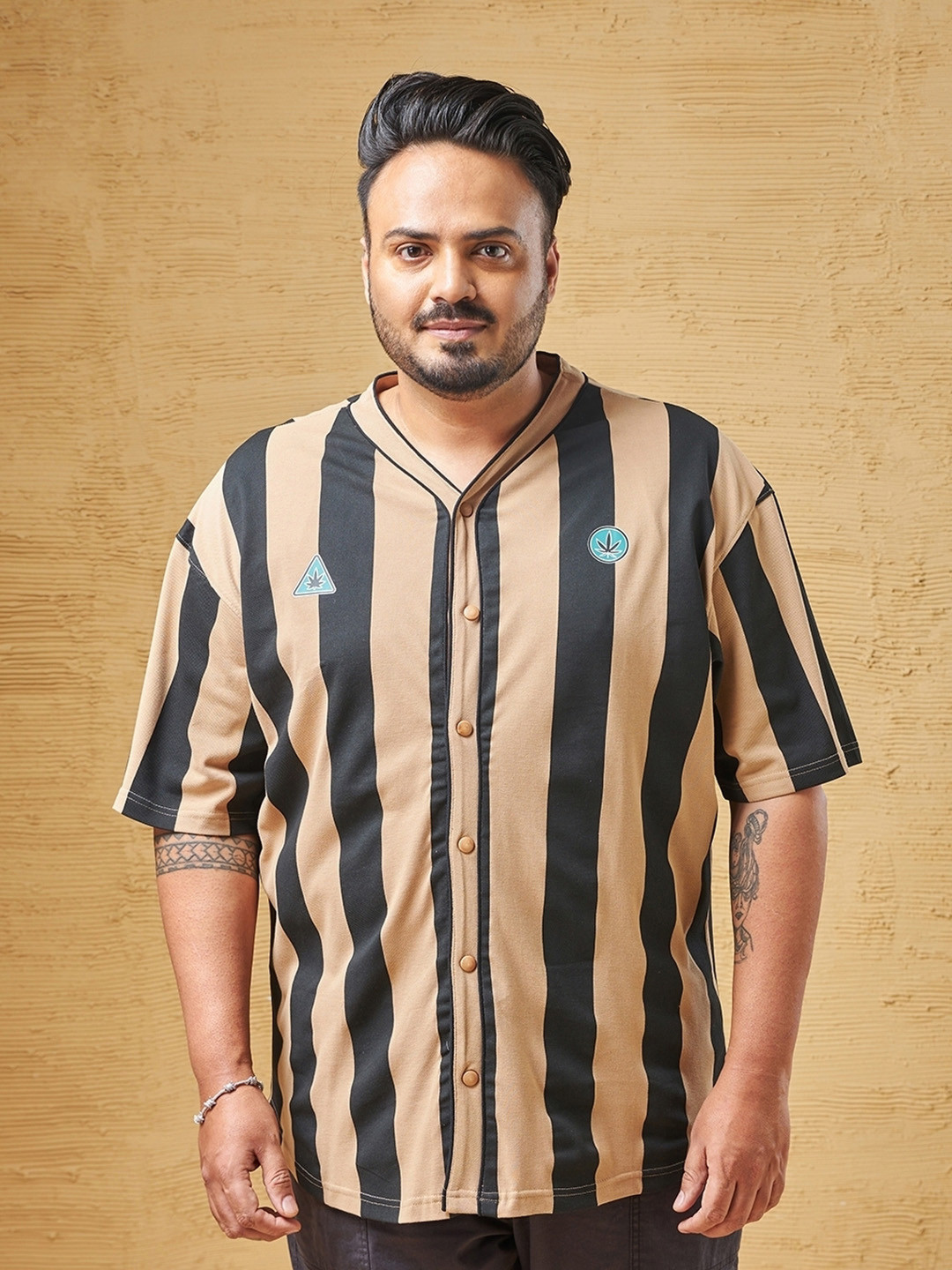 

Bewakoof Plus Oversized Vertical Striped Collarless Drop-Shoulder Sleeves Cotton Shirt, Brown