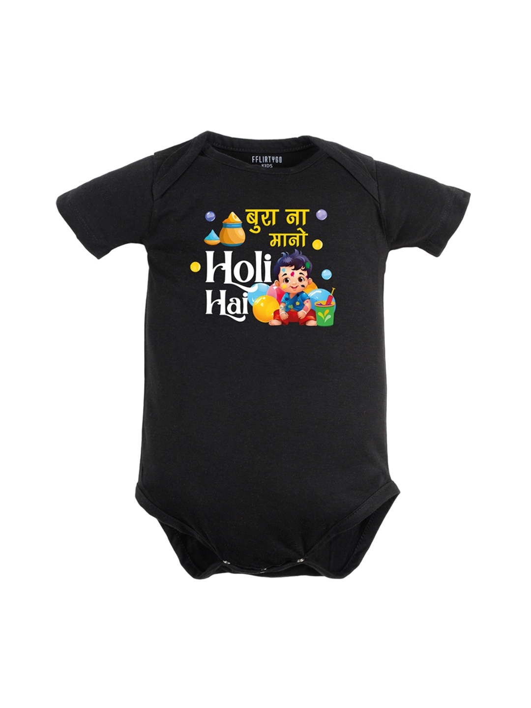 

FFLIRTYGO Infants Holi Printed Round Neck Pure Cotton Bodysuit, Black