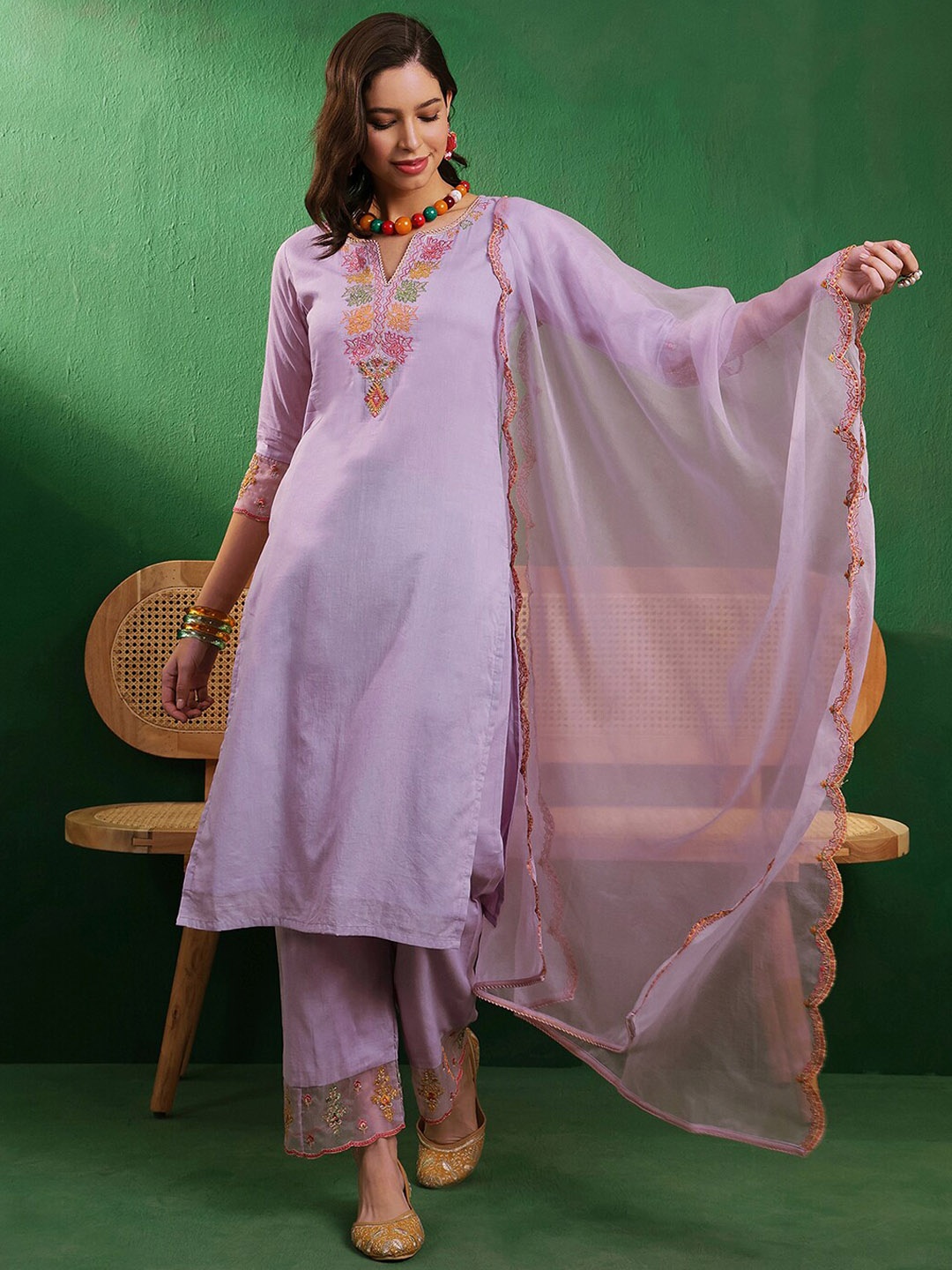 

Sangria High Slit Thread Work Pure Cotton Kurta With Trouser & Dupatta, Lavender