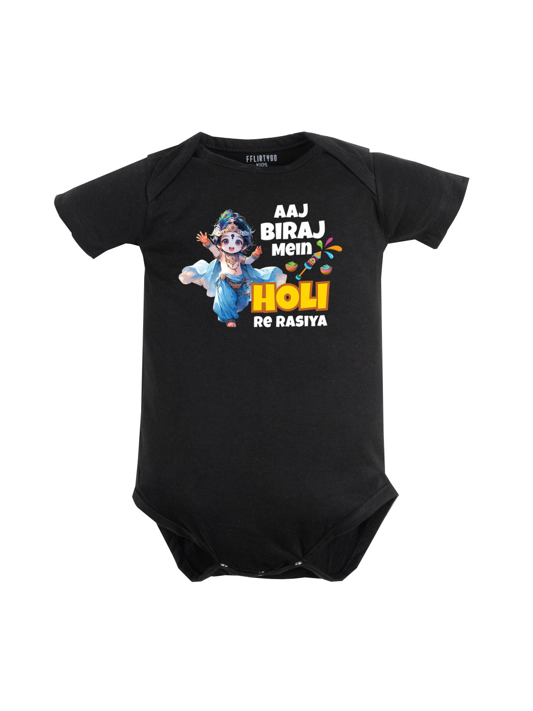 

FFLIRTYGO Kids Printed Cotton Holi Special Bodysuit, Black