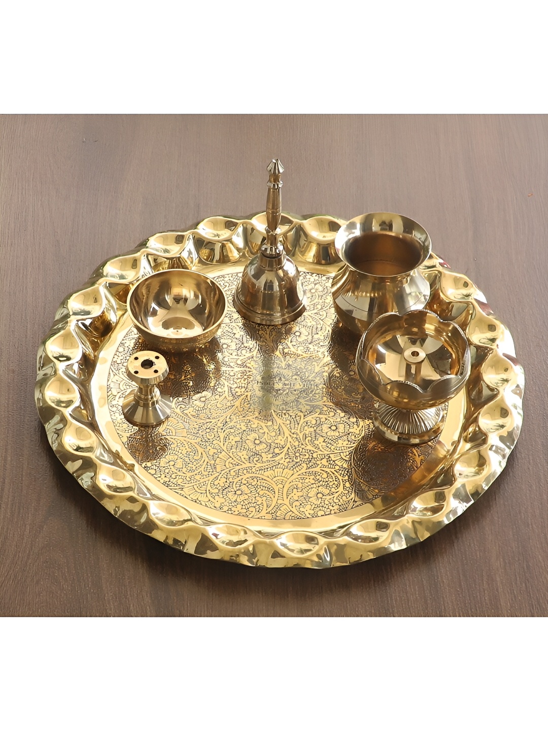 

INDIAN ART VILLA Beige Textured Round Brass Pooja Thali