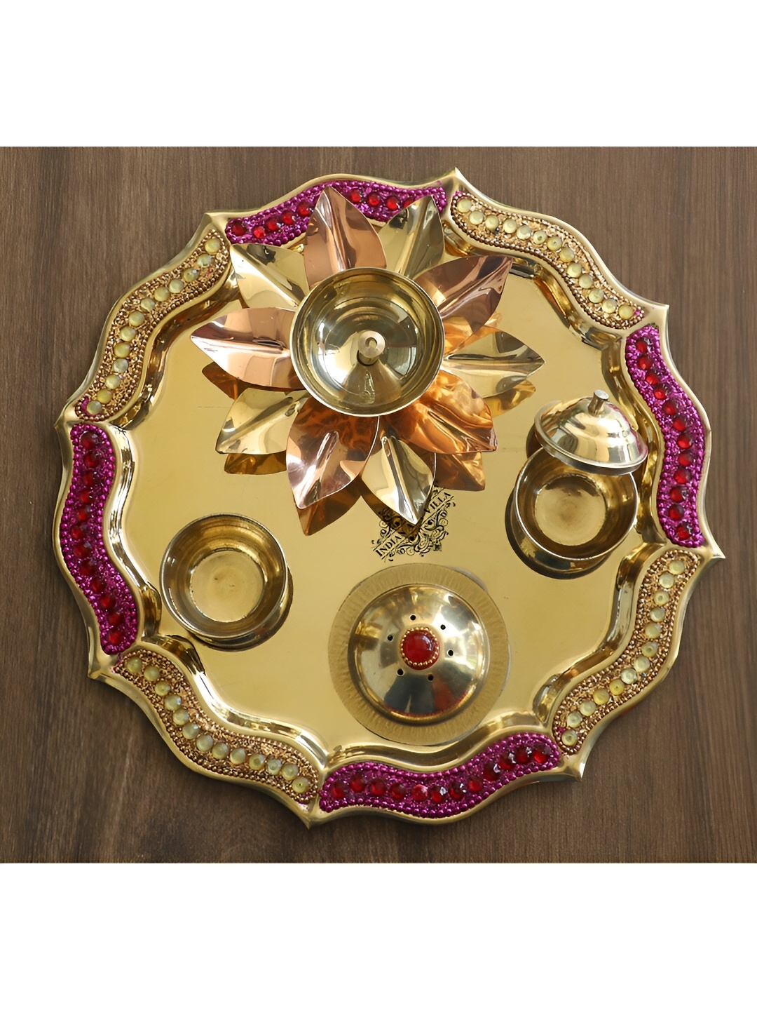 

INDIAN ART VILLA Beige Textured Round Brass Pooja Thali