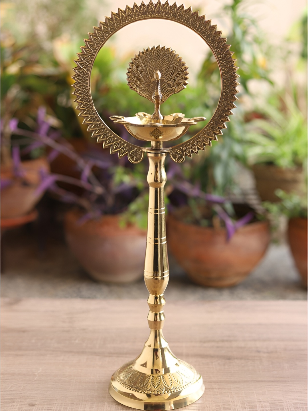

INDIAN ART VILLA Gold Toned Peacock Carved Brass Stand Pillar Pooja Diya