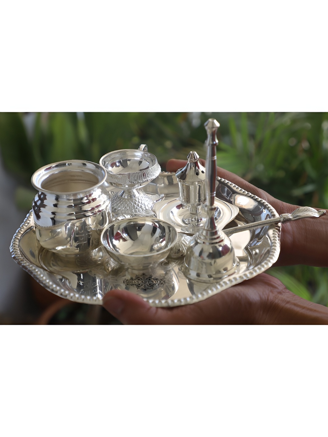 

INDIAN ART VILLA 7 Pieces Silver Plated Om Pooja Thali Set