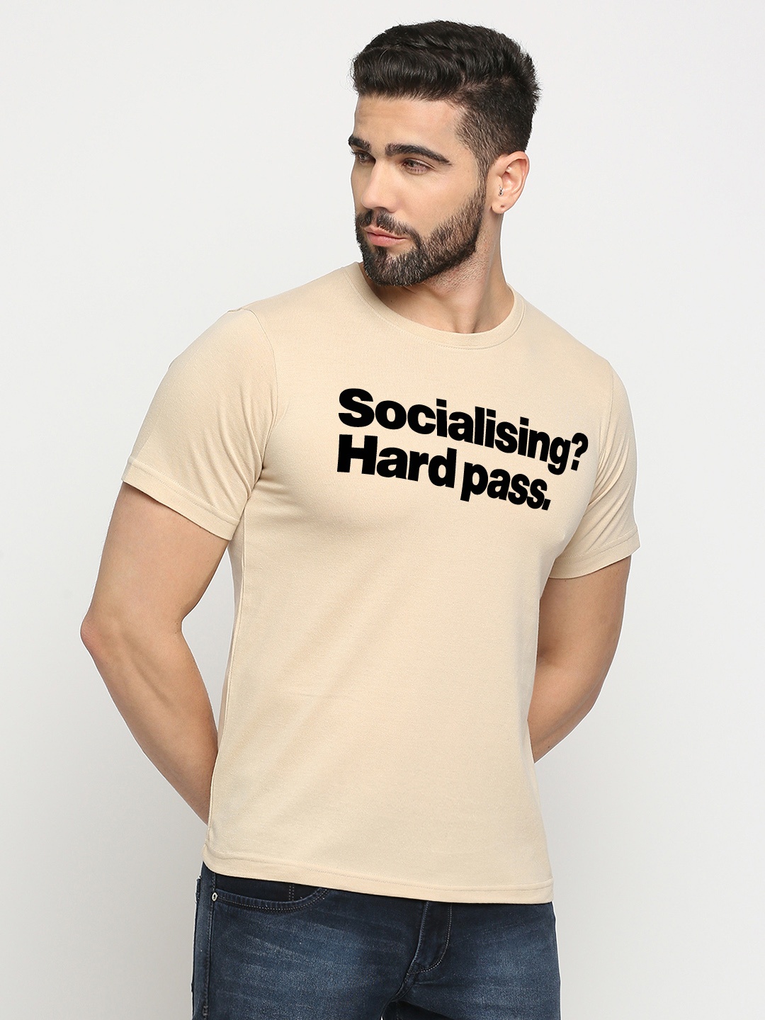 

MOD ECRU Typography Printed Cotton T-shirt, Beige