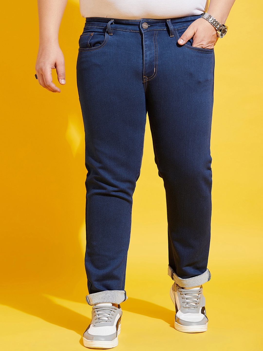 

bigbanana Men Plus Size Mid Rise Clean Look Stretchable Jeans, Navy blue