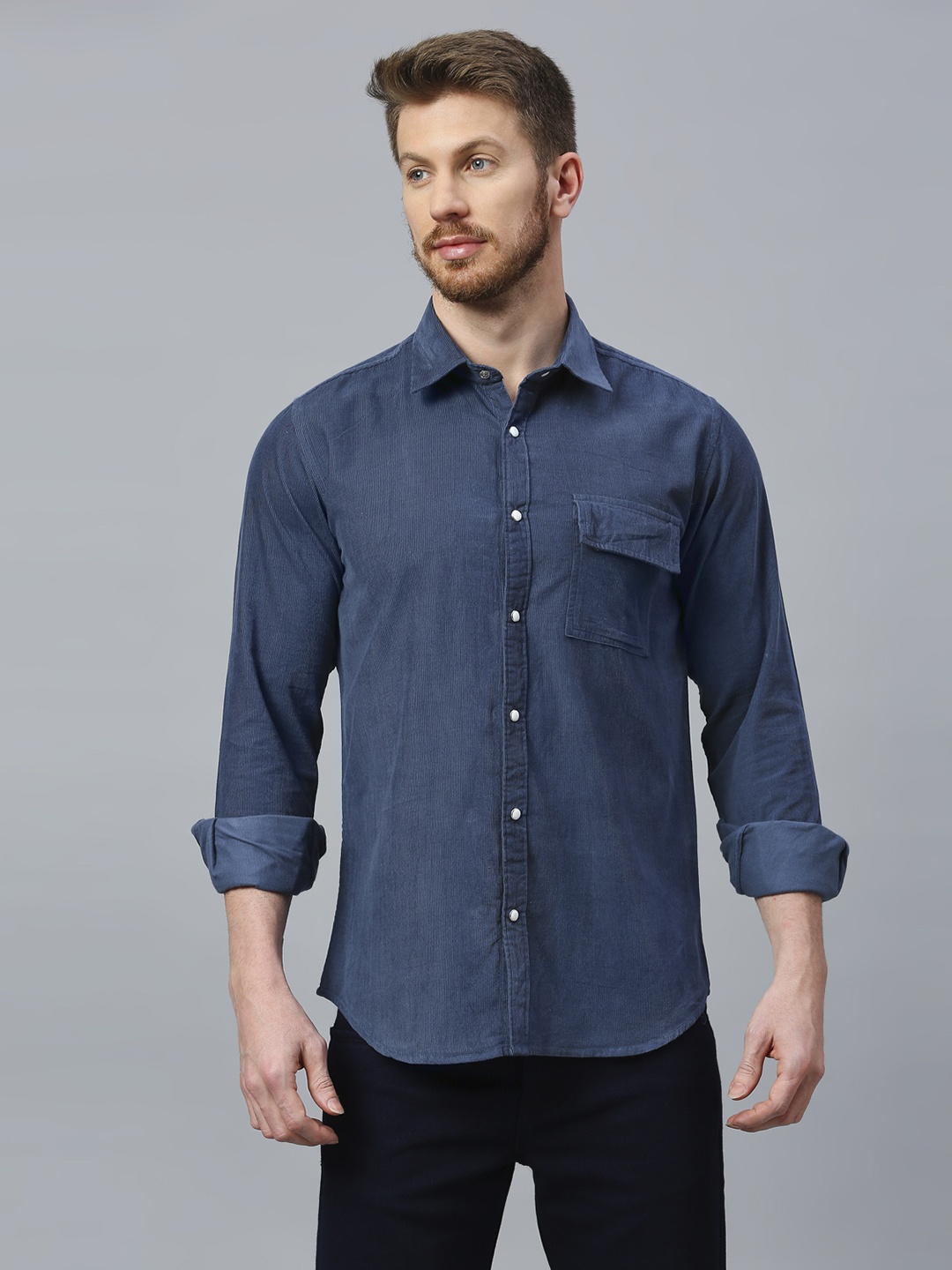 

DEZANO New Spread Collar Long Sleeves Corduroy Casual Shirt, Navy blue